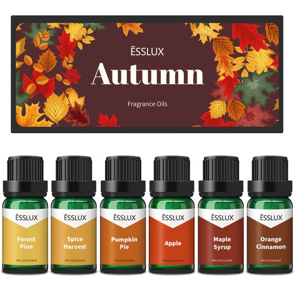 Fragrance Oil, ESSLUX Autumn Set of Scented Oils, Soap & Candle Making Scents, Essential Oils Gift Set for Home Diffuser, Orange Cinnamon, Pumpkin Pie, Apple, Spice Harvest, Forest Pine, Maple Syrup