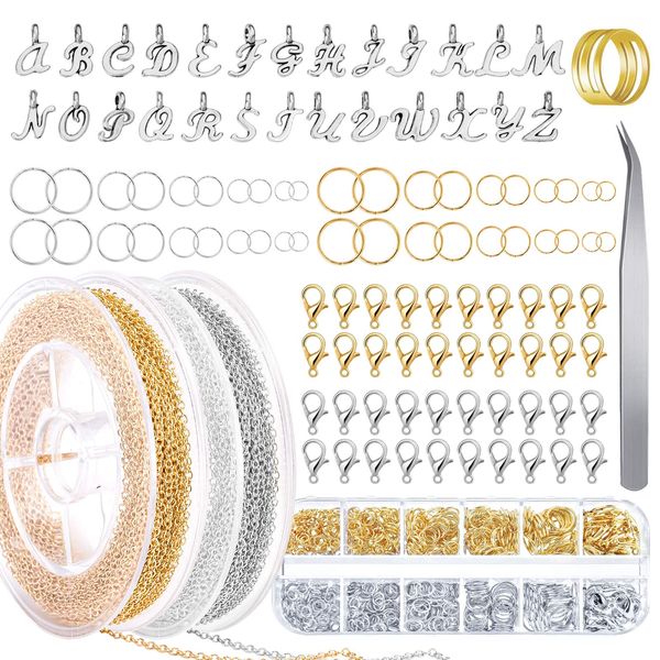 Whaline 1070Pcs Jewelry Making Chains Kit 66 Feet Stainless Steel Link Cable Chain with 26 Letter Pendant 1000Pcs Split Rings 40Pcs Lobster Clasps with Curved Tweezers Jump Ring Opener for Craft DIY