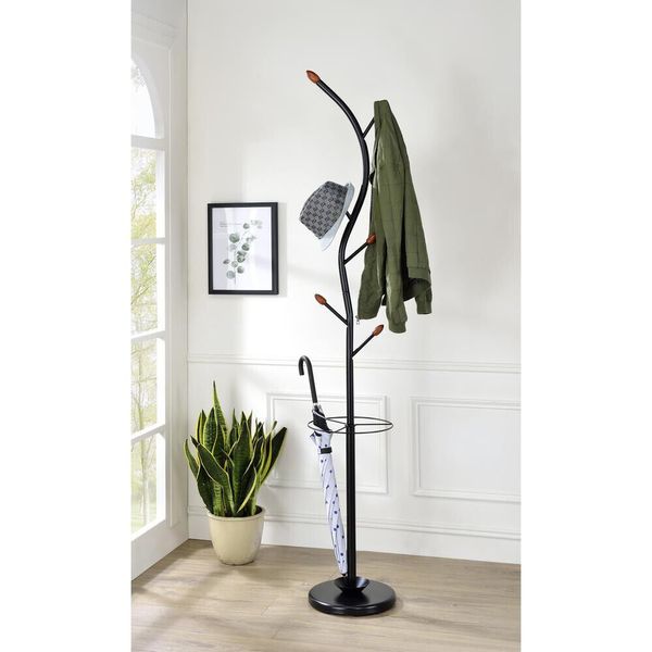 BILLIE BLACK TREE COAT RACK WALNUT HOOKS W/ UMBRELLA STAND