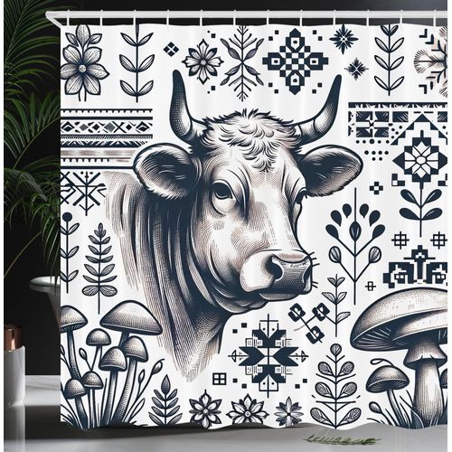 Ambesonne Rustic Shower Curtain, Southwestern Motifs with Woodland Mushrooms Flowers Branches and a Cow, Cloth Fabric Bathroom Decor Set with Hooks, 69" W x 70" L, Dark Blue Grey and White