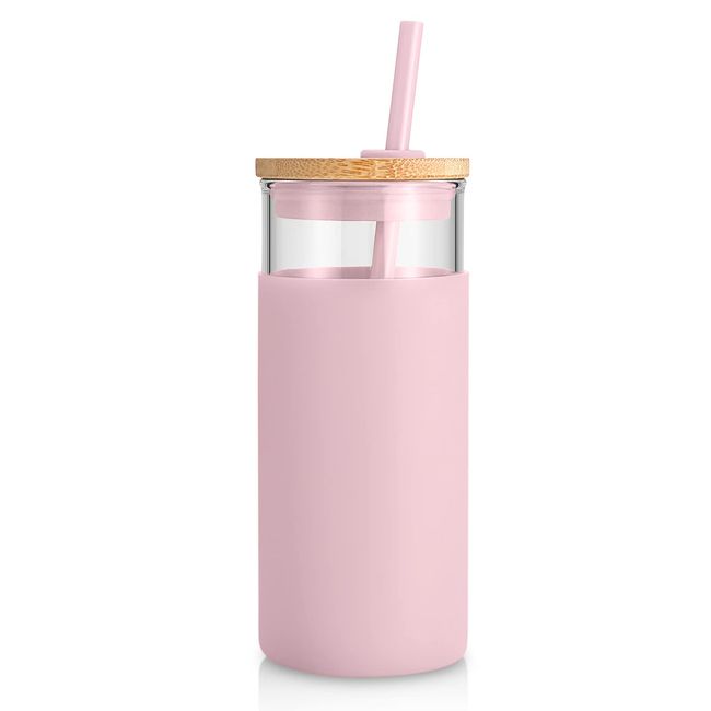 Tronco 20oz Glass Tumbler Glass Water Bottle Straw Silicone Protective Sleeve Bamboo Lid - BPA Free (Pink/ 1 Pack)