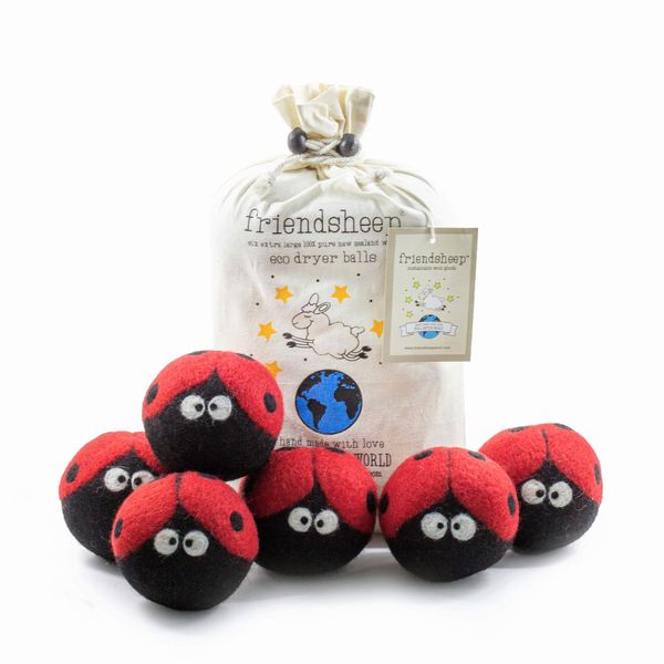 Friendsheep Wool Dryer Balls 6 Pack XL Organic Premium Reusable Cruelty Free Handmade Fair Trade No Lint Fabric Softener Ladybugs - Laundrybugs