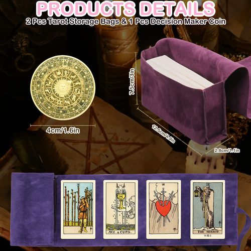 3 Pcs Tarot Card Holder Bag Kit Contains Velvet Tarot Card Storage Box Case and Decision Maker Coin, Tarot Cloth Pouches Card Holders for Playing Cards and Tarot Cards Oracle Deck, Tarot Accessories