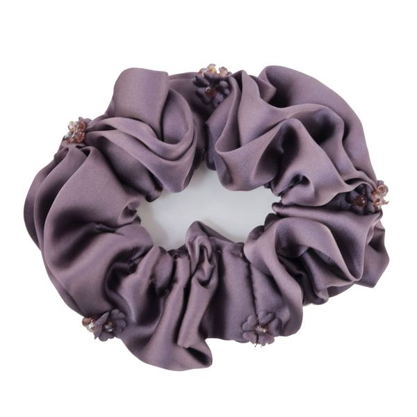 Bijin hair scrunchie satin three-layer pleats small flower motif aurora beads are the point purple