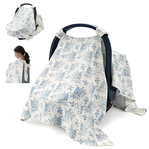 SERAPHY 2-in-1 Muslin Baby Car Seat Cover & Nursing Cover, Soft Lightweight Breastfeeding Cover for Boys and Girls,Breathable Canopy for Infant Carseat & Stroller for Summer—Blueberrie