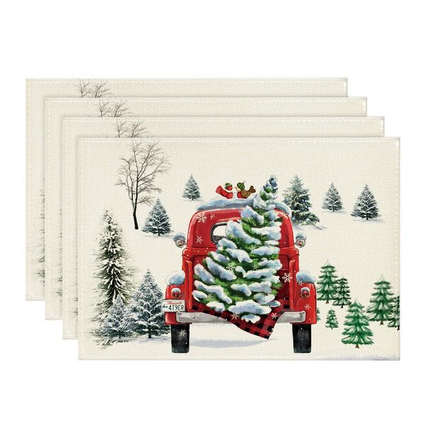 Artoid Mode Waterclor Snow Tree Truck Christmas Placemats Set of 4, 30 x 45cm Seasonal Winter Xmas Holiday Vintage Washable Table Mats Set of 4