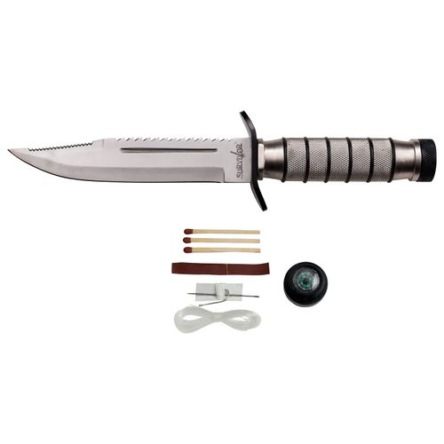 Survivor HK-695 Fixed Blade Knife, Silver Reverse Serrated Blade, Silver Metal Handle, 9-1/2-Inch Overall