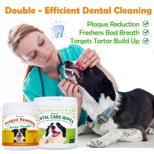 Dental Cleaning Kit, Dental Care Wipes to Clean Plaque on The Surface of The Teeth, Beef Liver Flavour Dental Powder with Probiotic to Solve Oral Problems from The Inside of Digestion