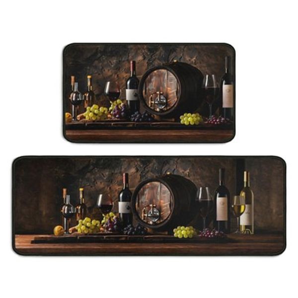 Wine Kitchen Mat Set of 2 47x17 & 29x17 Inch Non Slip Washable Anti Fatigue