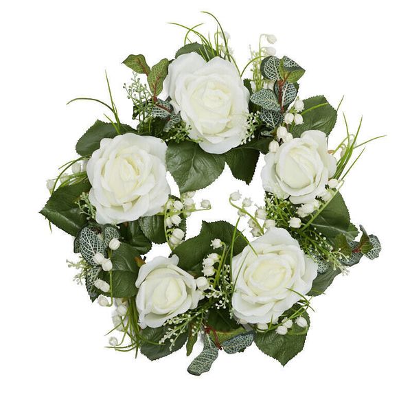 11" Artificial Creamy White Rose Floral Candle Ring