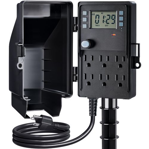 SURAIELEC Outdoor Power Stake, 7-Day Programmable Digital Timer, Power Strip Weatherproof, 6 Multi Plug Electrical Outlet Waterproof, 6FT Extension Cord, for Outside Yard Light, Christmas Decorations