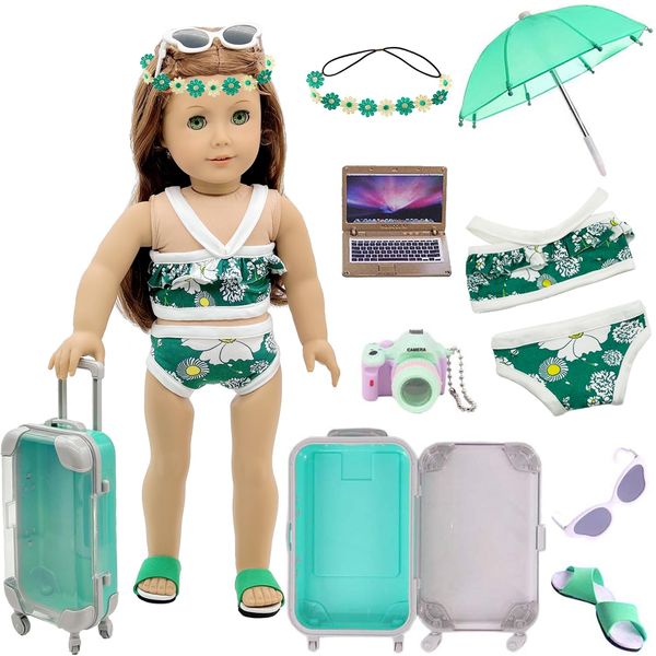 EIYOBYF American 18 Inch Doll Accessories Suitcase Luggage Travel Set, 18 Inch Doll Clothes and Accessories Including Green Suitcase Camera Sunglasses Bikini Slippers Notebook Umbrella Hair Band