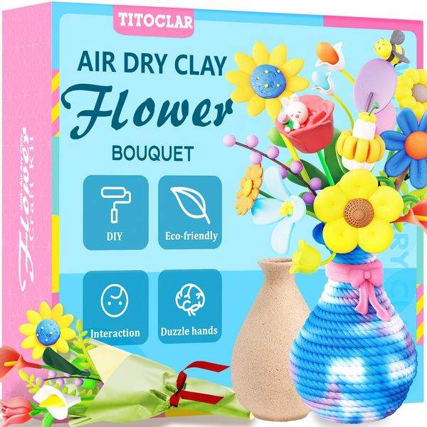 Titoclar Air Dry Clay Modeling Clay-Craft Kits, Arts and Crafts for Kids & Girls Ages 8-12 6-8, DIY Your Own Flower Bouquet and Vase,Halloween Crafts Christmas Birthday Gifts Toys for Girls Boys Kids