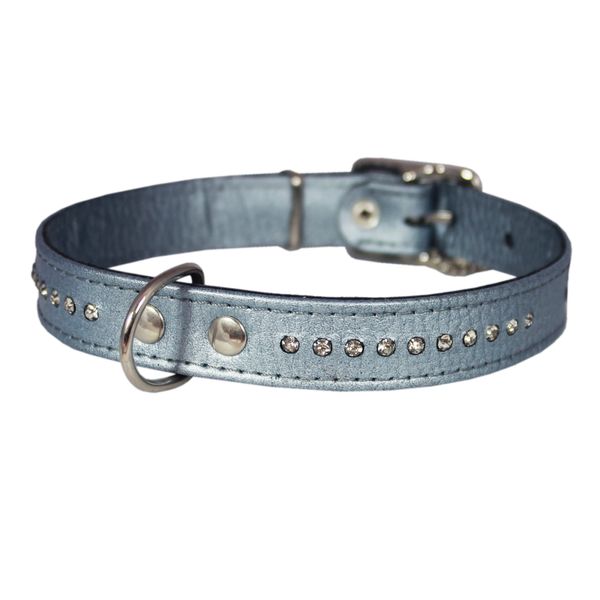 Dogs My Love Soft Silver Genuine Leather Designer Dog Collar 15" x5/8" Rhinestones, Fits 10"-13" Neck Small