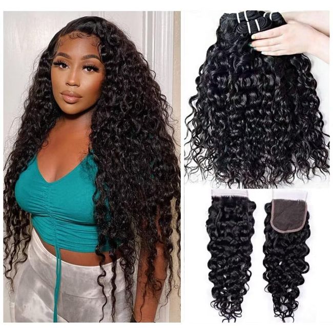 Human Hair Bundles With Closure Water Wave Hair 100% Echte Haare Brazilian Long Curly 3 Bundles With Closure Unprocessed Virgin Brasilianische Haarverlängerung 22 24 26 +20 Inch