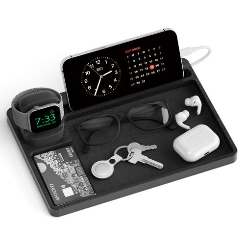 AFOOYO Stand for Apple Watch Series Ultra2/Ultra/9/8/7/6/5/4/3/2/1/SE,iPhone 15 14 13 12 Series 3 in 1 Universal Desktop Stand Holder Storage Tray - Black(Charger Not Included)