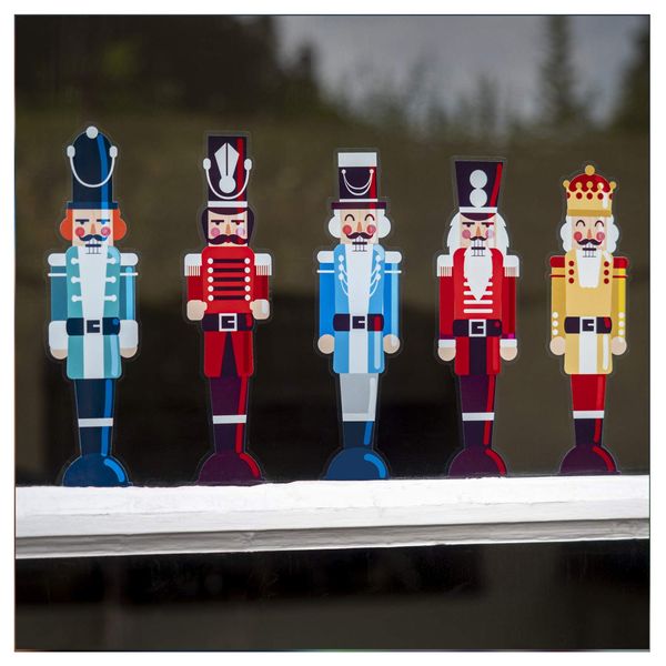 Christmas Window Stickers Display - Christmas Window Decorations - 5 Colourful Nutcracker Soldiers Xmas Glass Clings - Reusable Sticker for Windows and Door - 5 Small Festive Decorative Decals