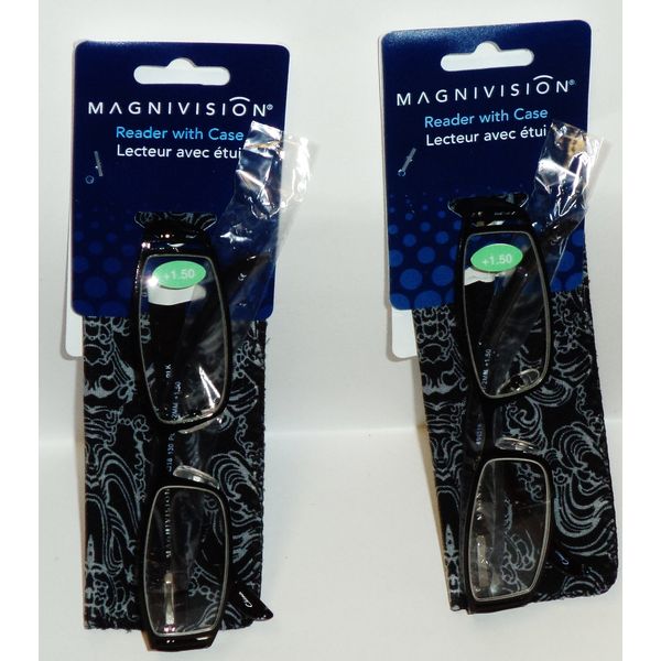 2 MAGNIVISION Reading Eye Glasses BLACK Design Plastic Frames Cloth Case +1.50