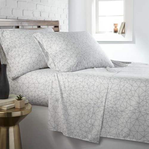 Southshore Fine Living, Inc. Geometric Maze Collection, 3-Piece Twin XL Sheets Set, 14" Deep Pocket Twin XL Fitted Sheet, Single White Flat Sheet, White Sheets with Grey Pattern, Standard Pillow Case