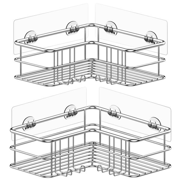 Menbyci Silver Corner Shower Caddy,Adhesive Shower Shelf with Hooks, Stainless Steel Rustproof Bathroom Storage Organizer Rack,No Drilling Shower Shampoo Holder Wall Mounted,2-Pack