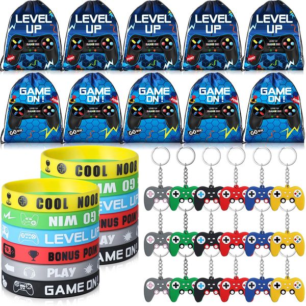 Nosiny 72PCS Video Game Party Favors Birthday Include 24 Video Game Goodie Drawstring Bags 24 Silicone Bracelet 24 Controller Keychain for Kids for Party Supplies(Fresh, Blue)