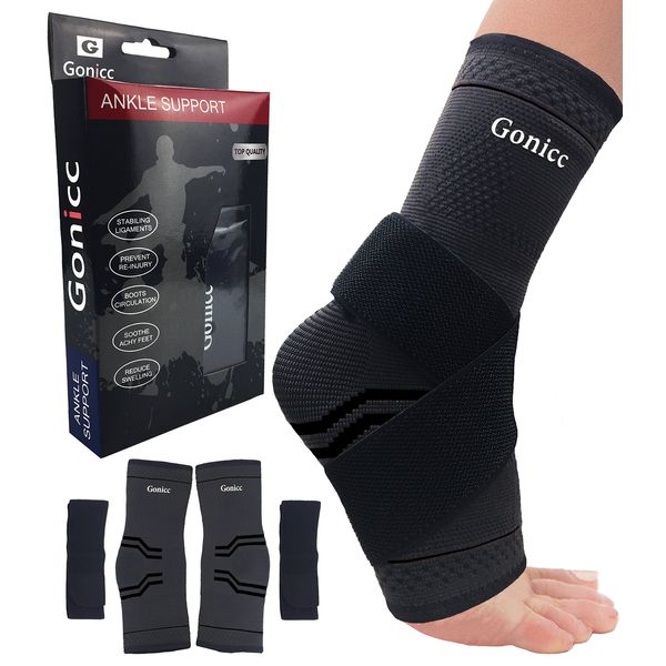 gonicc Professional Foot Sleeve Pair(2 Pcs) with Compression Wrap Support(Large, Black), Breathable, Stabiling Ligaments, Prevent Re-injury, Ankle Brace, Volleyball Protective Gear Ankle Guards