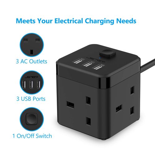 JSVER Cube Extension Lead with 3 USB Ports (5V/2.4A) 3 Outlet Power Strip with Switch Power Socket with 200cm Cable for Home, Office, Hotel, Travel -Black