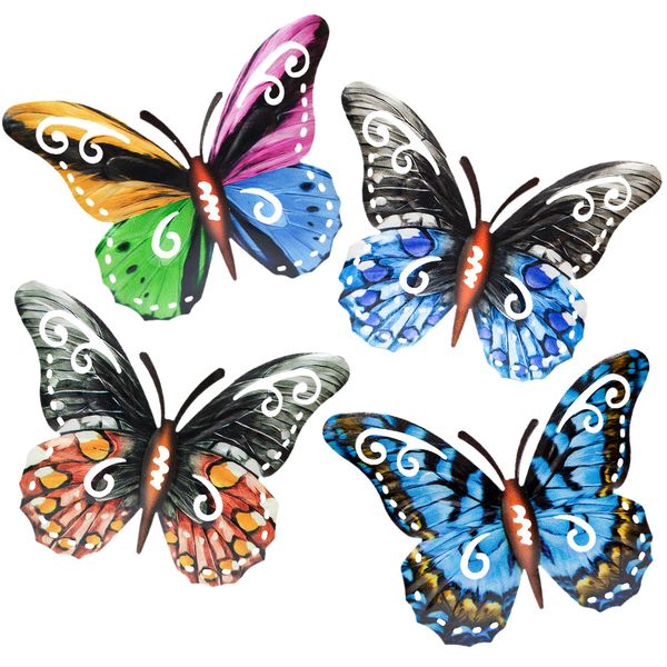 SUNNEKO 4 Pieces Butterfly Wall Art Decoration Garden Ornaments Outdoor Indoor Metal Wall Art Garden Fence Decorations Yard Wall Hanging Decoration Shed Walls Fences Kitchen Art Deco, Style A