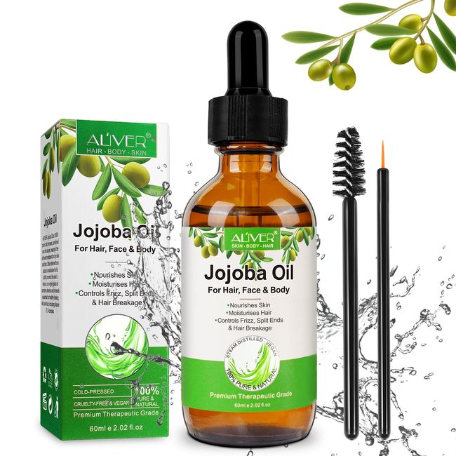 Jojobaöl, Bio Jojoba Öl 100% Rein, Natürlich und Kaltgepresst Feuchtigkeitscreme Organic Jojoba Oil für Gesicht, Körper, Bart, Nägel, 60 ml