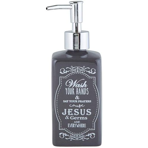 Autom Black Ceramic Wash Your Hands & Say Your Prayers Cause Jesus & Germs are Everywhere Reusable Liquid Hand Soap Dispenser, 7 1/4 Inch