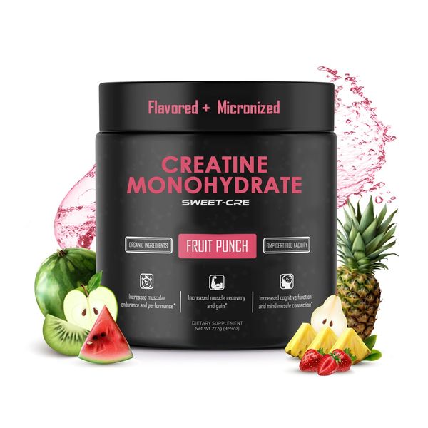 Sweet Cre Creatine Monohydrate – 5g Creatine Monohydrate Powder – Advanced Creatine for Women and Men – Bulk Supplements Creatine with Organic Ingredients – Delicious Fruit Punch Flavor – 9.8oz