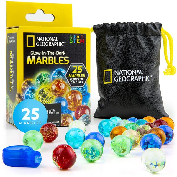 NATIONAL GEOGRAPHIC Marbles Refill Pack – 25 Glass Marbles That Glow in The Dark, Includes Storage Pouch & UV Keychain Light, Marble Runs for Kids, Building Toys, Science Toys