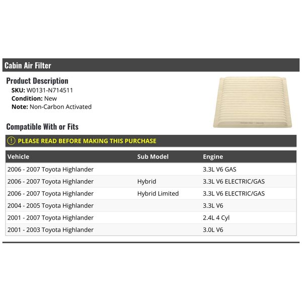 Cabin Air Filter - Compatible with 2001-2007 Toyota Highlander