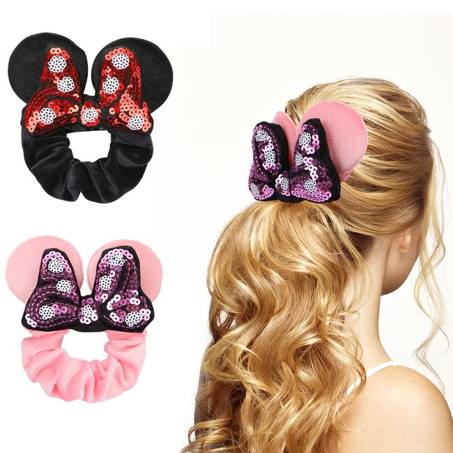 UHOMENY 2PCS Mouse Ears Hair Bows for Girls, Cute Hair Bows Set Sequin Bows Ponytail Hair Ties Velvet Scrunchies Elastic Rubber Hair Band(Black-Red White Dot +Pink-Purple White Dot)