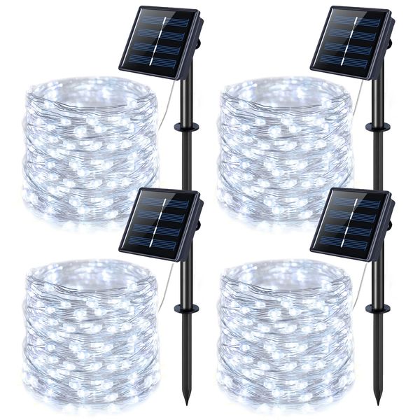 JMEXSUSS 4 Pack 100 LED Solar Fairy Lights, 33ft White Solar String Lights Outdoor Waterproof, 8 Modes Copper Wire Solar Twinkle Lights for Garden Yard Tree Wedding