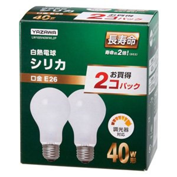 Yazawa Corporation LW100V40WWL2P Dimmable Long Life Silica Light Bulb, 40W Shape, 485 Lumens, Set of 2