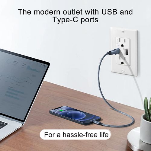 24W Type C USB Wall Charger Outlet,GREENCYCLE 15 Amp High Speed Receptacle,Charging Power Outlet with 4.8A Dual Port USB Ports,Electrical USB Outlet,Wall Plate Included,UL Listed,White,2PK