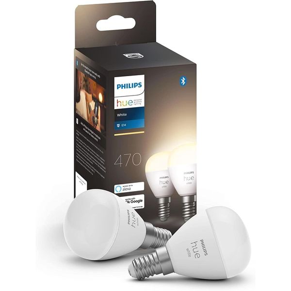 Philips Hue White E14 LED Lampen in Tropfenform 2-er Pack (470 lm), dimmbare LED Leuchtmittel für das Hue Lichtsystem mit warmweißem Licht, smarte Lichtsteuerung über Sprache und App