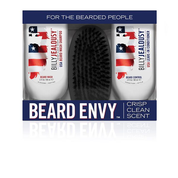 USA Beard Envy Hair Refining Kit with Beard Wash Hair Control and Boar Bristl...