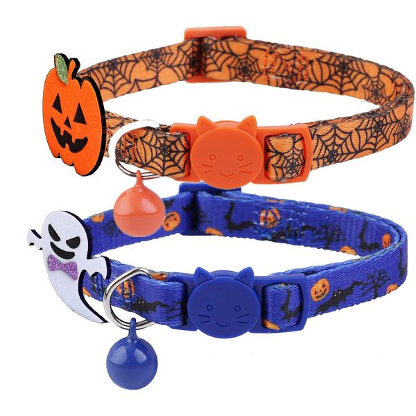 BoomBone 2 Pack Cat Halloween Collar,Kitten Collars for Small Dogs with Bell and Pumpkin Ghost Charm