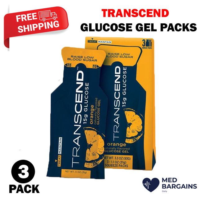 Transcend 15g Glucose Gel Packs Raise Blood Sugar Support - Orange 3 Pack