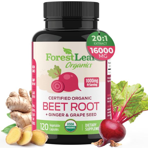 ForestLeaf Organic Beet Root Capsules - with Ginger & Grape Seed 16000mg Strength 20:1 Extract, Supports Nitric Oxide Production, Beets Supplements with Organic Non-GMO Beetroot Powder 120 Veggie Caps