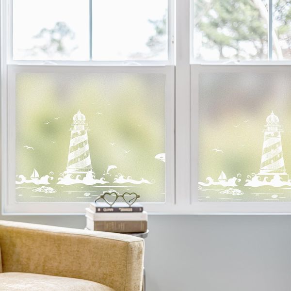dktie Fensterfolie Blickdicht Sichtschutzfolie Fenster Milchglasfolie Muster des Leuchtturm und Meeres Statische Aufkleber ohne Klebstoff Wiederverwendbar Geeignet für Wohnzimmer 44.5x200cm, (02-3)