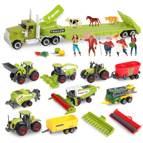 Oriate Kid's Farm Toys Realistic Tractor Vehicle Playset, ABS Plastic & Diecast Car Set Educational Mini Farm Animals with Flatbed Trailer, Farming Birthday Gift for Children 3+ Year Old