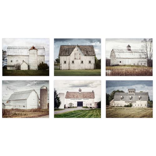 LISA RUSSO FINE ART - Farmhouse Decor Set of 6 White and Blue Barn Landscape Art Prints - Not Framed - Western Country Rustic Wall Art Pictures (6 SMALL 5x7 Prints Only)