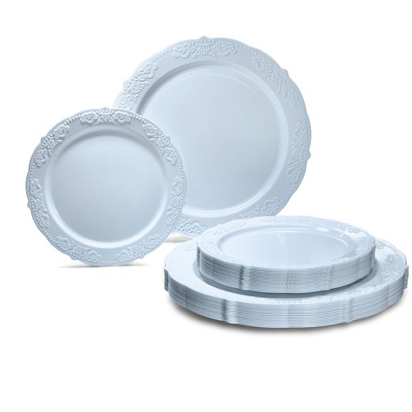 " OCCASIONS" 120 Plates Pack,(60 Guests) Vintage Wedding Party Disposable Plastic Plates Set -60 x 10.25'' Dinner + 60 x 7.5'' Salad/Dessert Plate (Portofino in Plain Blue)