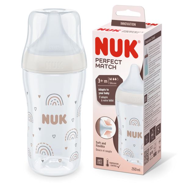 NUK Perfect Match Baby Bottle | 3+ Months | Adapts to Baby's Palate | Temperature Control | Anti Colic Vent | 260 ml | BPA-Free | Medium Silicone Teat | Rainbow