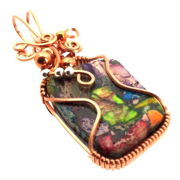 Sea Sediment Jasper Gemstone Copper Wire Wrapped Pendant