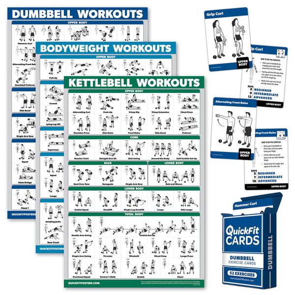 4 Pack: Dumbbell + Bodyweight + Kettlebell Workouts Poster Set + Dumbbell Exercise Playing Cards