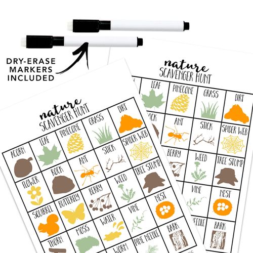 Set of 10 Nature Scavenger Hunt, Nature Party Game, Outdoor Game, Dry Erase (10 markers included)